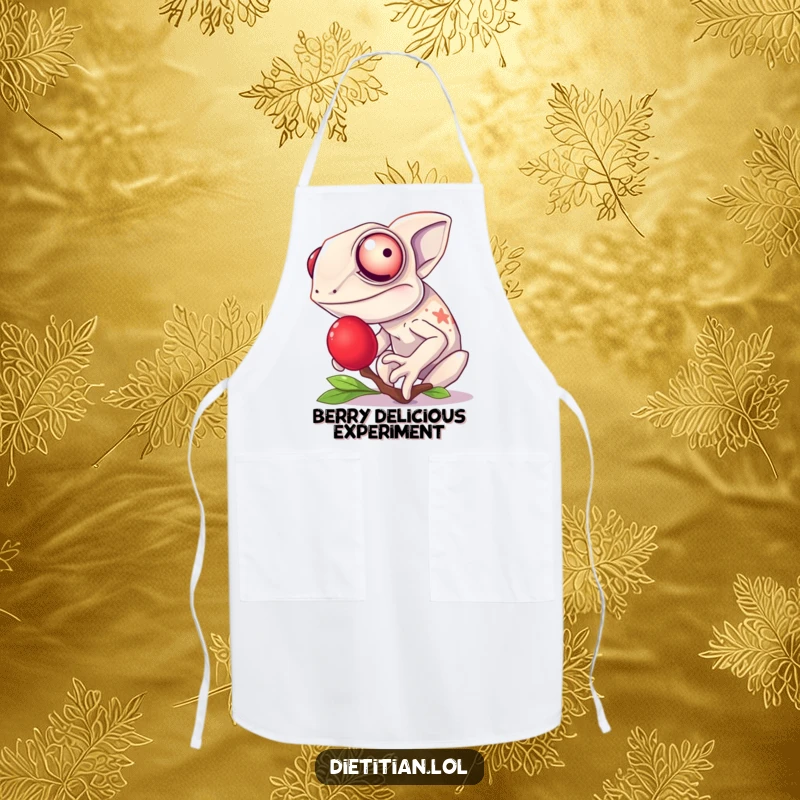 Funny chameleon apron showing a giggling chameleon enjoying a bright red berry, ideal for kitchen fun with colorful flair.