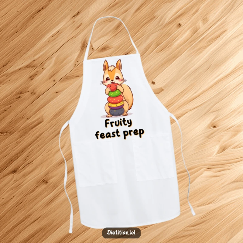 Funny squirrel apron showing a playful character balancing a pile of colorful fruits, ideal for kitchen fun and protection.