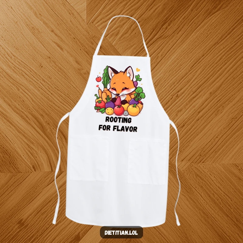 Funny Fox Apron: A curious fox exploring a colorful array of fresh vegetables, perfect for adding humor to cooking. An excellent funny gift.