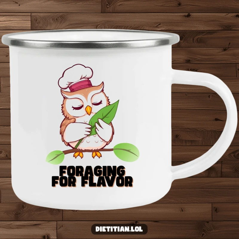 Funny camping mug showcasing a wise owl wearing a chef hat, examining a vibrant leaf, outdoor gourmet.