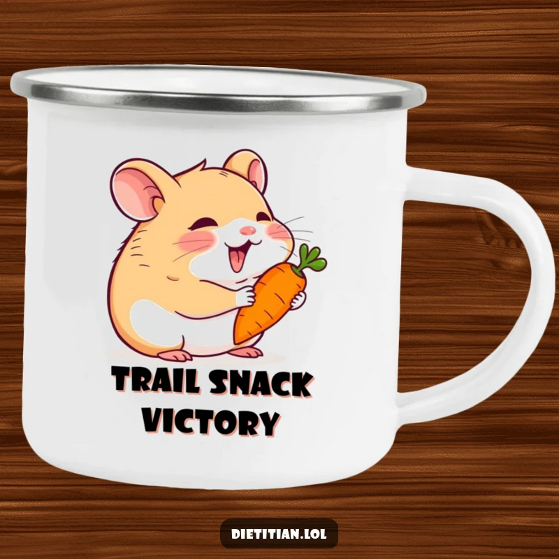 Funny hamster camping mug showing a happy hamster delightedly eating a tiny carrot, perfect for outdoor enjoyment.