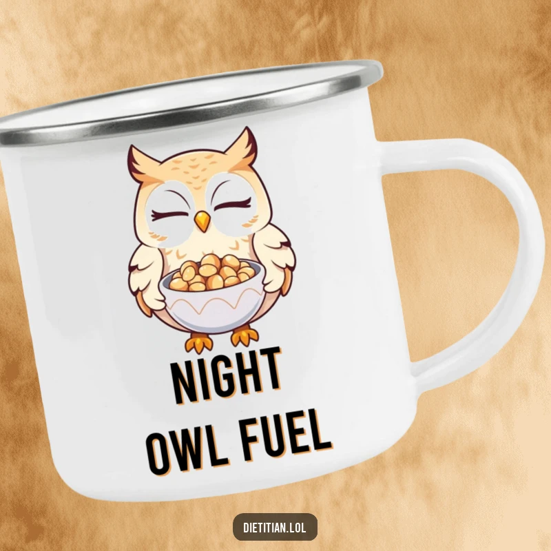 Funny owl camping mug showing a winking owl offering seeds, designed for wise outdoor enjoyment and humor.