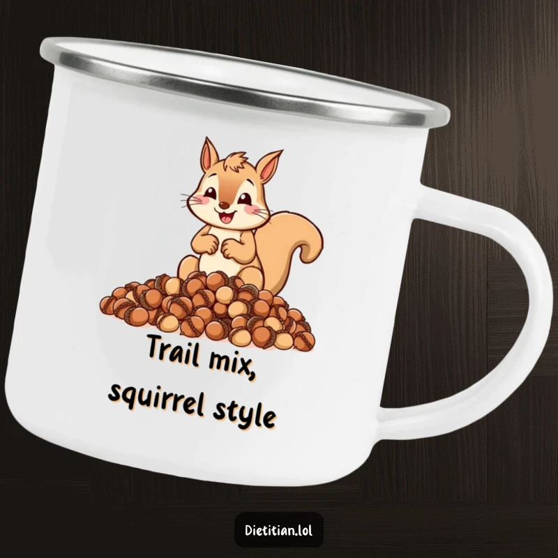 Funny camping mug showcasing a cheerful squirrel zealously measuring out a pile of acorns, outdoor planning.