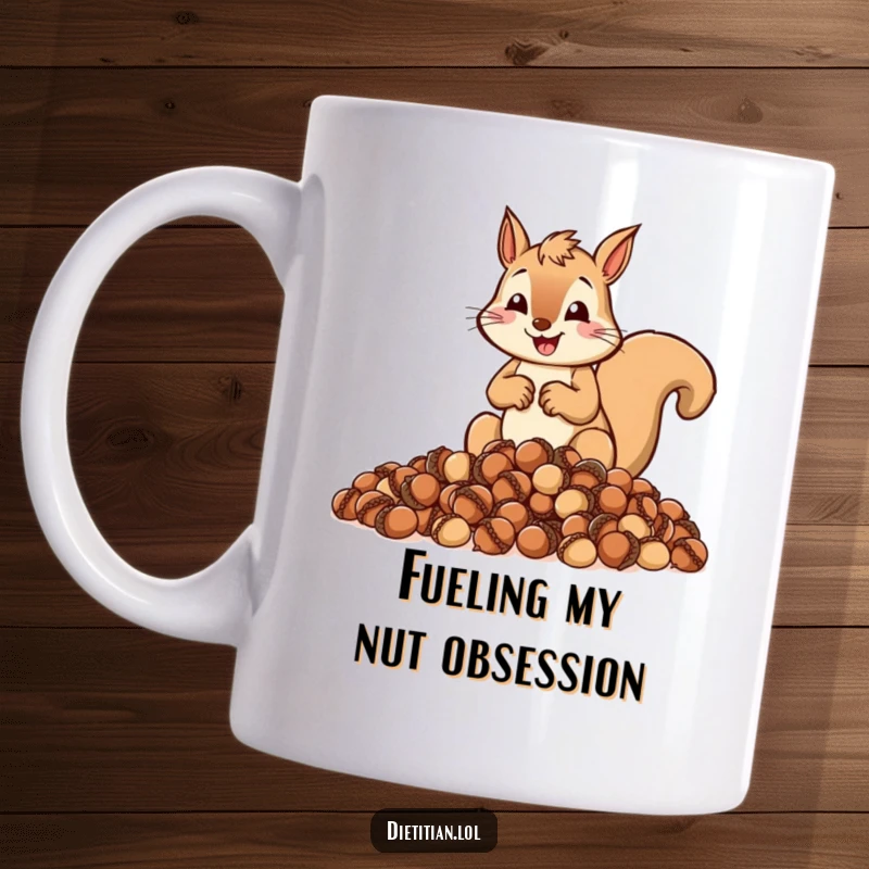 Funny mug with a cheerful squirrel zealously measuring out a pile of acorns, perfect planner gift.