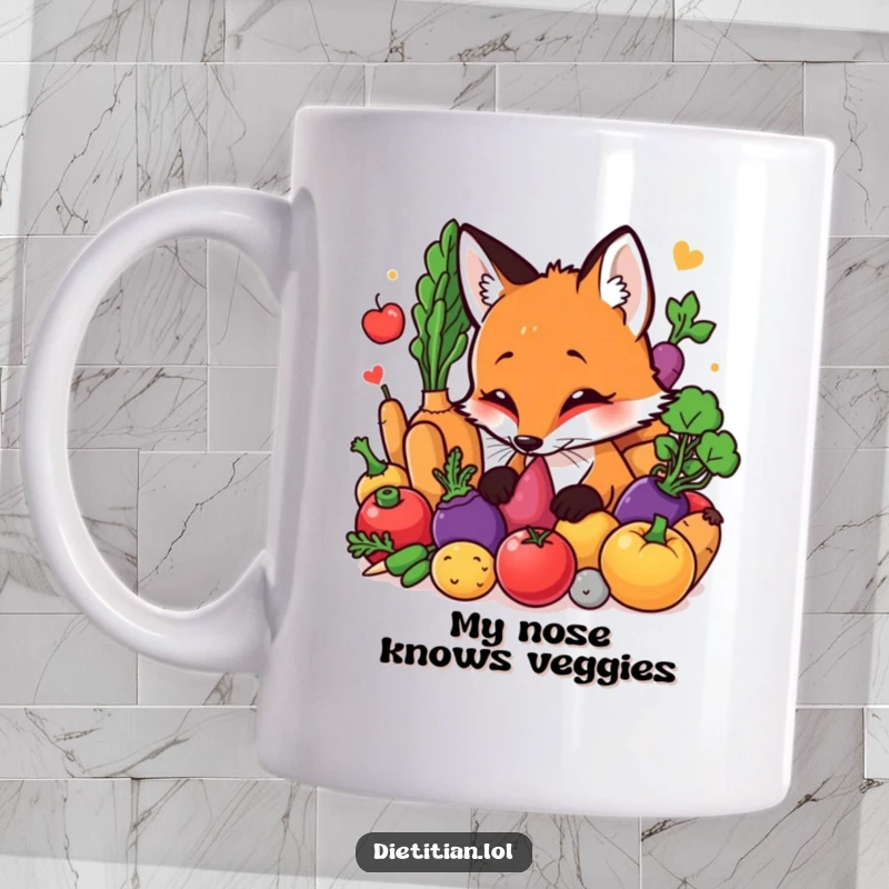 Funny Fox Mug: A curious fox with a playful snout sniffs a vibrant assortment of fresh vegetables, showcasing curiosity and humor for a delightful gift.