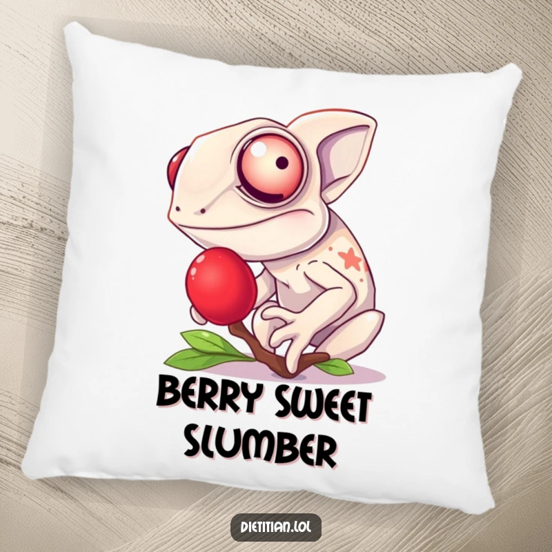 Funny chameleon pillow featuring a giggling chameleon tasting a bright red berry, offering comfort and a touch of vibrant humor.