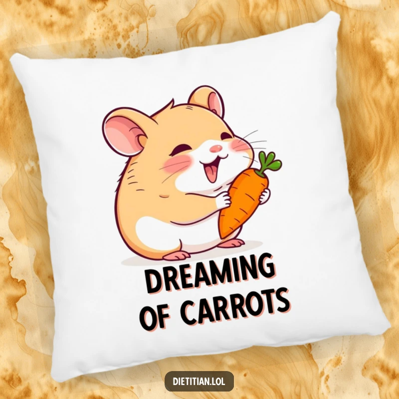 Funny hamster pillow featuring a happy hamster joyfully nibbling a tiny carrot, offering comfort and a touch of humor.