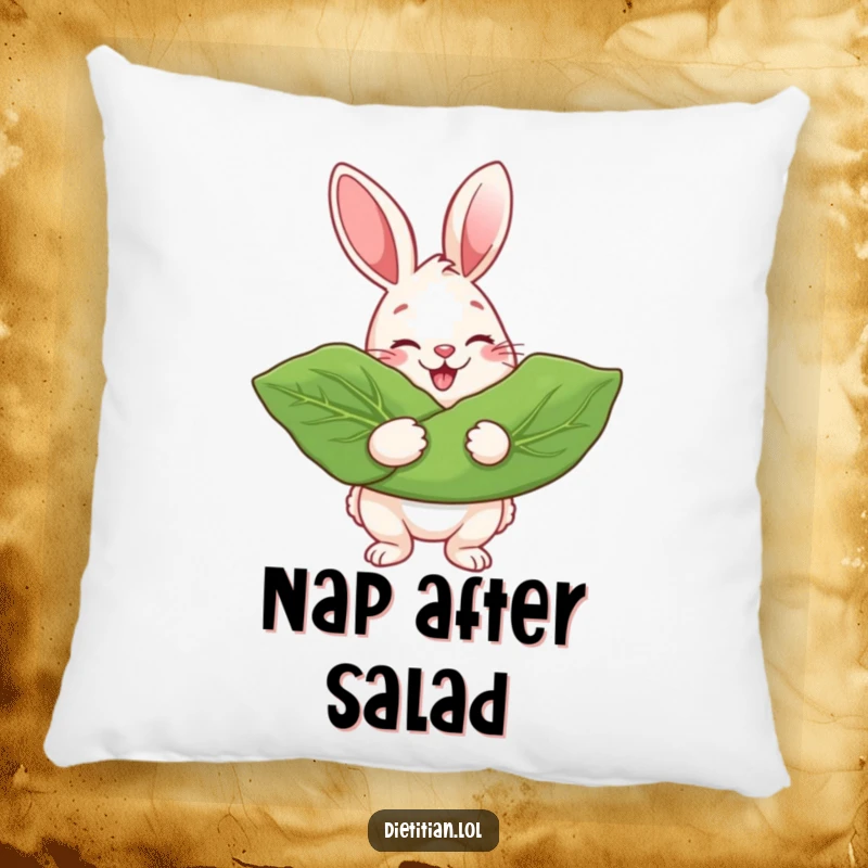Funny Pillow showing a beaming rabbit holding a giant leafy green, perfect for adding cozy, healthy decor.