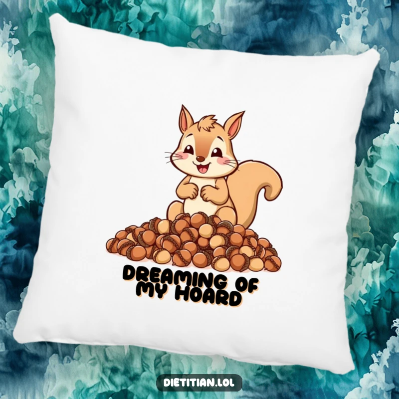 Funny pillow with a cheerful squirrel zealously measuring out a pile of acorns, comfort and planning.
