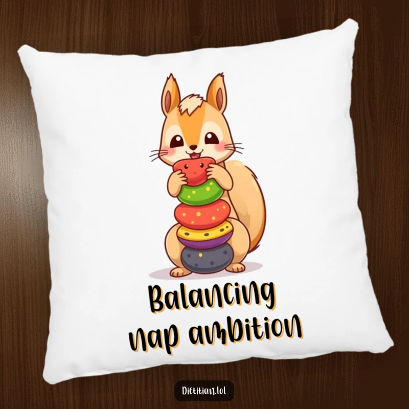 Funny squirrel pillow with a playful design of a squirrel balancing a variety of bright fruits, offering both comfort and humor.