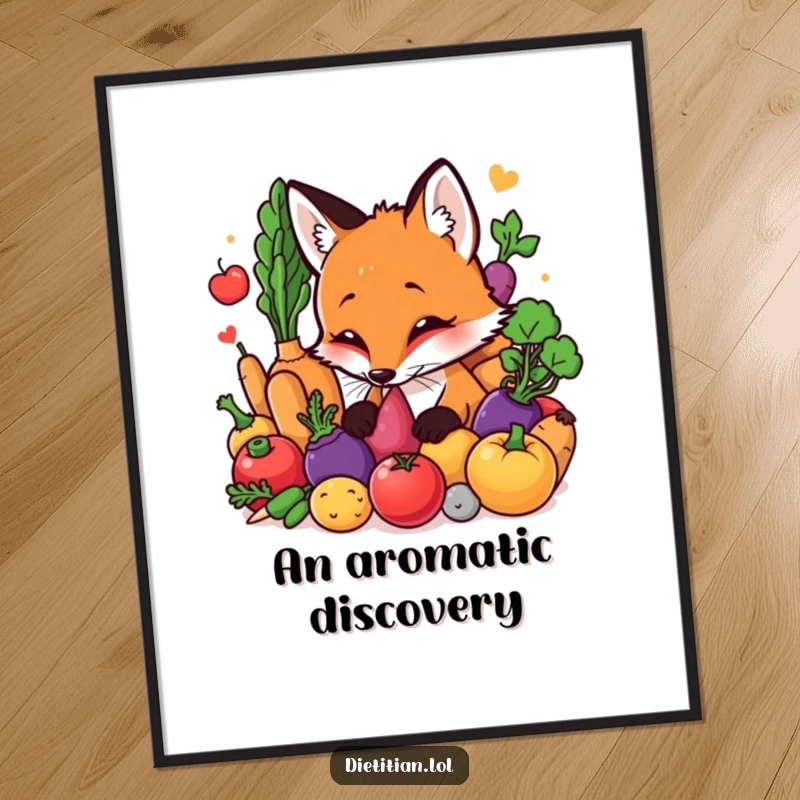 Funny Fox Digital Art Print: A curious fox enthusiastically sniffing a colorful assortment of fresh vegetables, offering whimsical, humorous wall decor. A great funny gift.