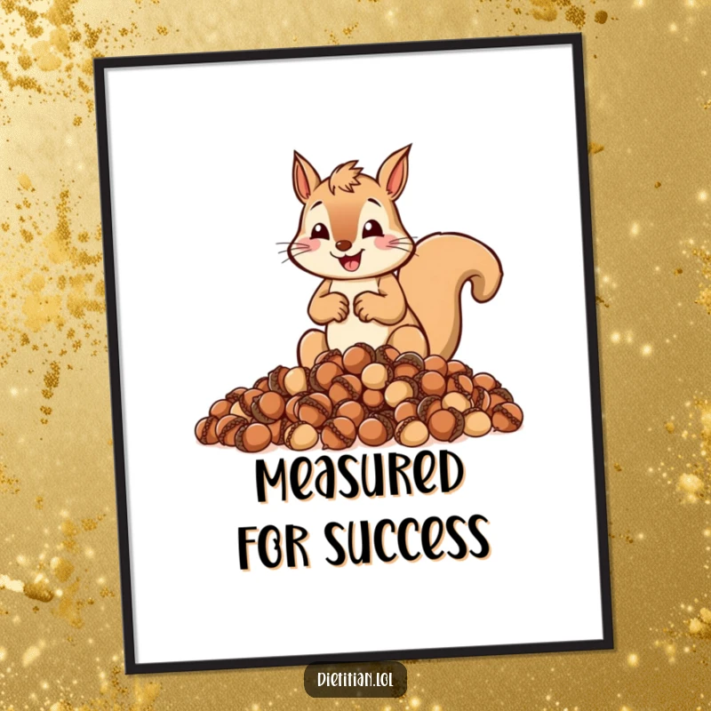 Funny digital art print of a cheerful squirrel zealously measuring out a pile of acorns.