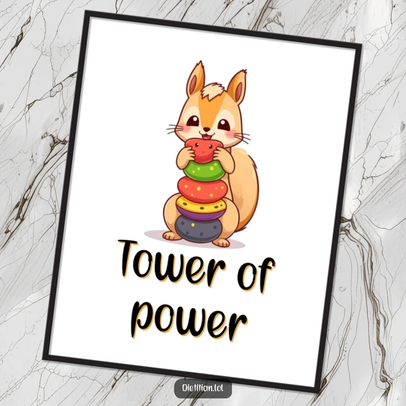 Funny squirrel digital art print showing a playful character balancing a stack of colorful fruits, ready to be printed and displayed.