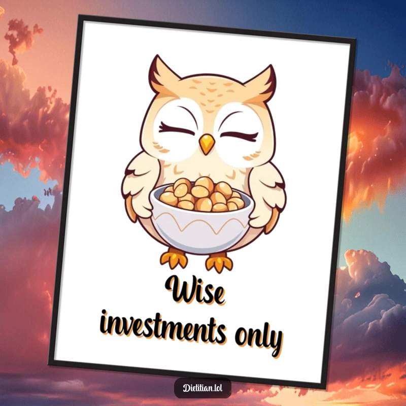 Funny owl digital art print of a winking owl offering seeds, perfect for instant, wise wall decor.