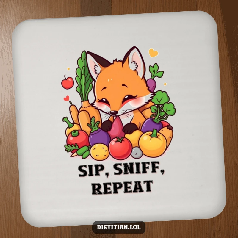 Funny Fox Coasters: A curious fox sniffing fresh vegetables, protecting your surfaces with adorable and humorous flair. A perfect funny gift.
