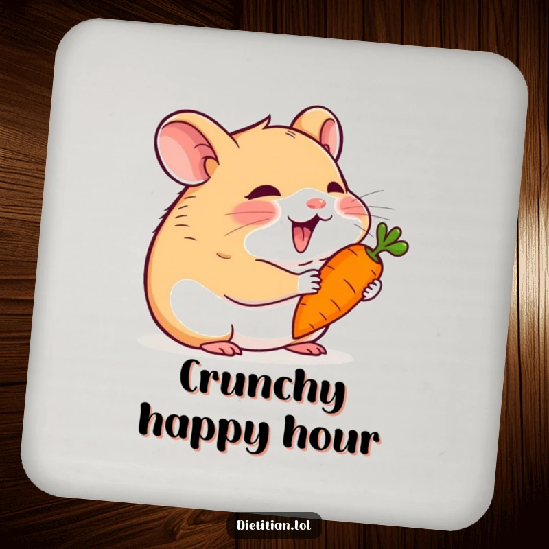Funny hamster coasters featuring a happy hamster nibbling a tiny carrot, protecting furniture with cute and comical flair.