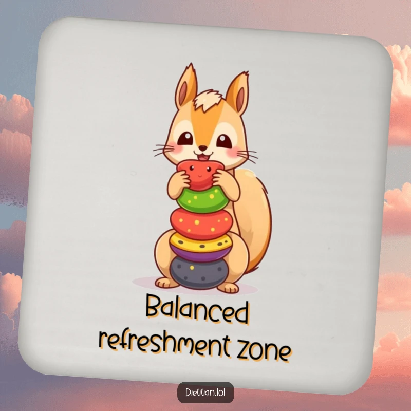 Funny squirrel coasters depicting a playful squirrel balancing fruits, protecting furniture with a humorous and colorful design.