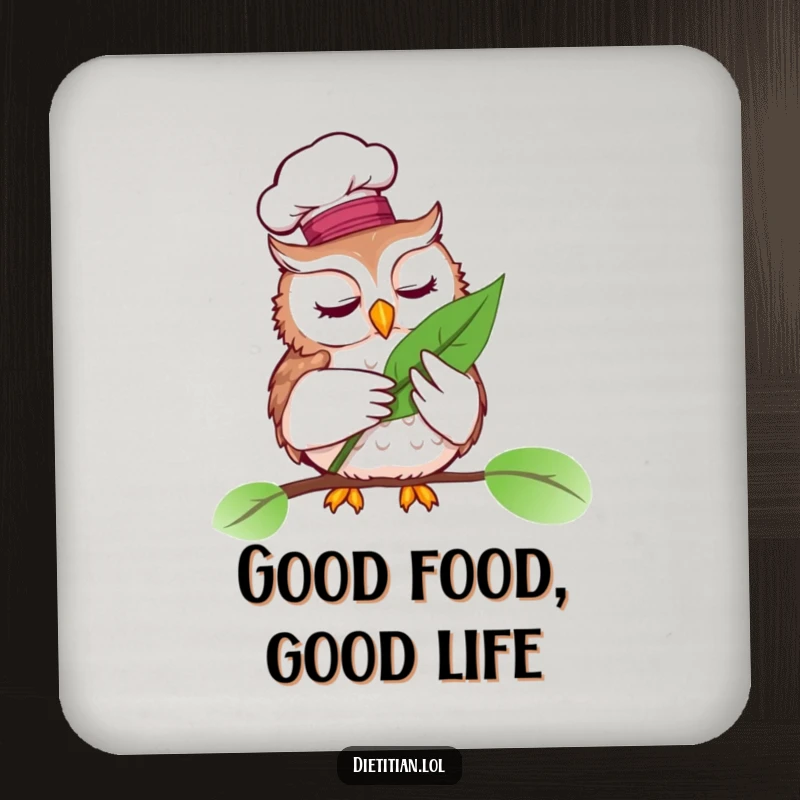 Funny drink coaster with a wise owl wearing a chef hat, examining a vibrant leaf, protects furniture.