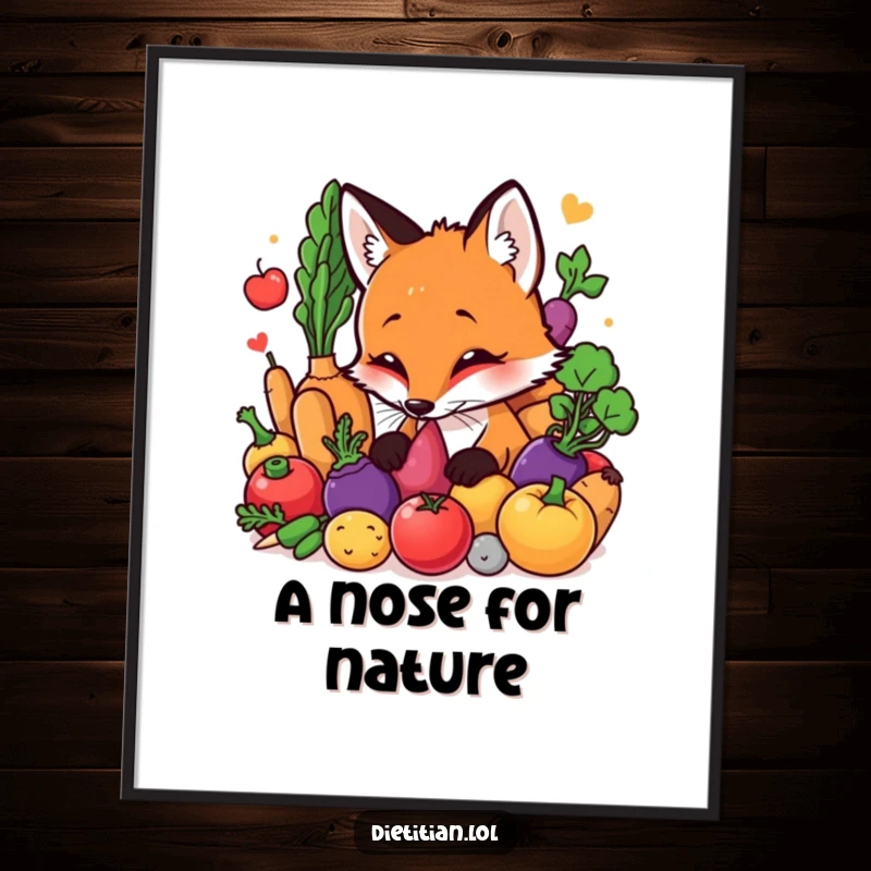 Funny Fox Poster: A curious fox intensely sniffing a collection of vibrant, fresh vegetables, a humorous depiction of nature's wonders. Perfect funny gift.