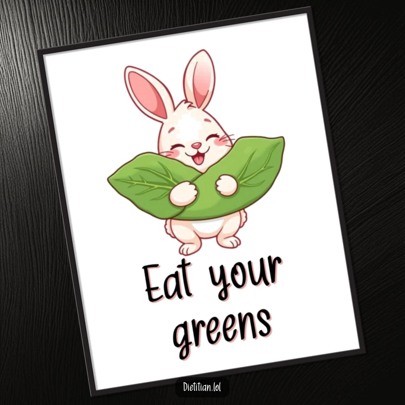 Funny Poster illustrating a happy rabbit beaming while holding a large, leafy green, promoting healthy eating.