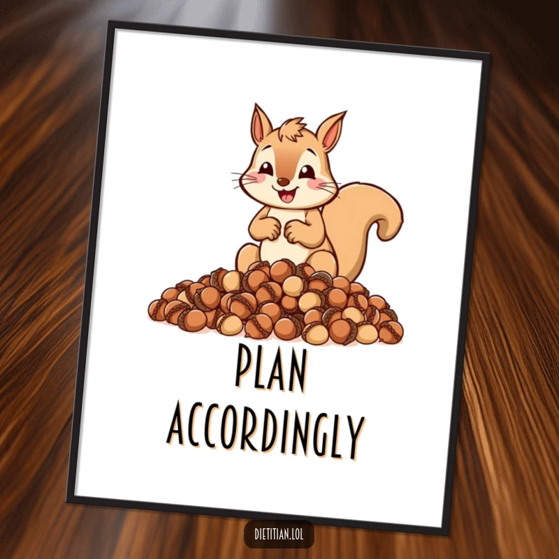 Funny poster of a cheerful squirrel zealously measuring out a pile of acorns, adds wall decor.