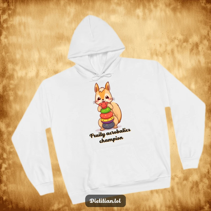 Funny squirrel hoodie showing a playful creature balancing a colorful stack of fruits, designed for ultimate comfort and humor.