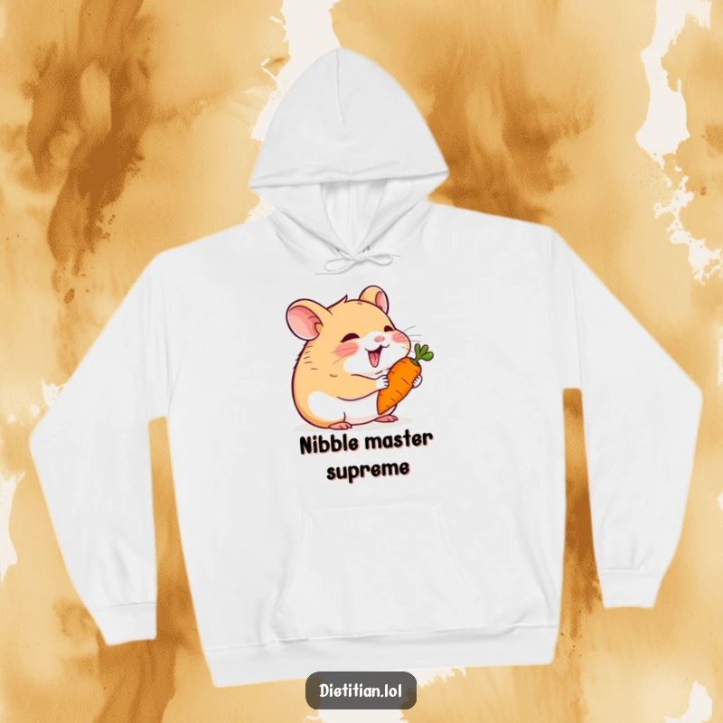 Funny hamster hoodie showcasing a happy little creature delightedly eating a tiny carrot, combining coziness and humor.