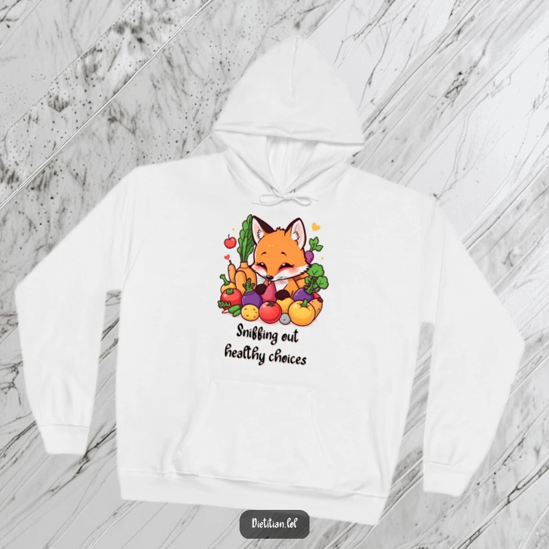 Funny Fox Hoodie: A curious fox investigating a bounty of colorful vegetables, designed for ultimate comfort and a hearty laugh. A superb funny gift.
