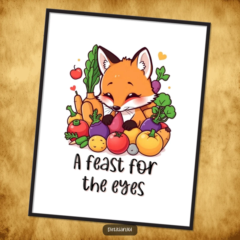 Funny Free Printable wall art illustrating a curious fox with a comical expression sniffing a heap of colorful, fresh vegetables.