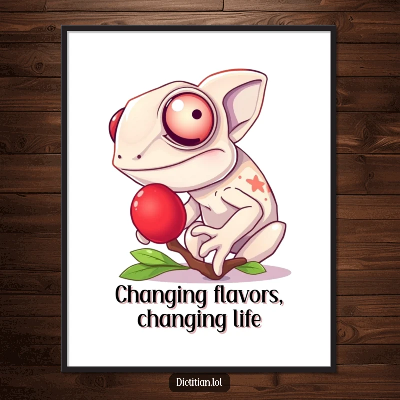 Funny Free Printable Wall Art: A chameleon caught mid-giggle while tasting a bright, ripe red berry.