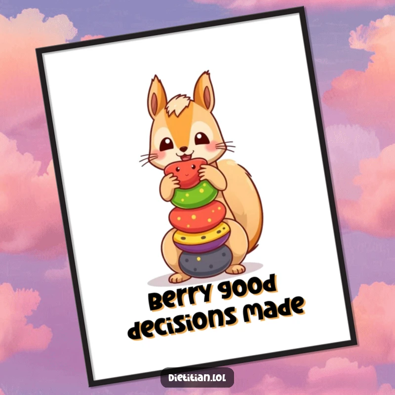 Funny Free Printable Wall Art: A charming squirrel performing a balancing act with a precarious tower of colorful fruits.