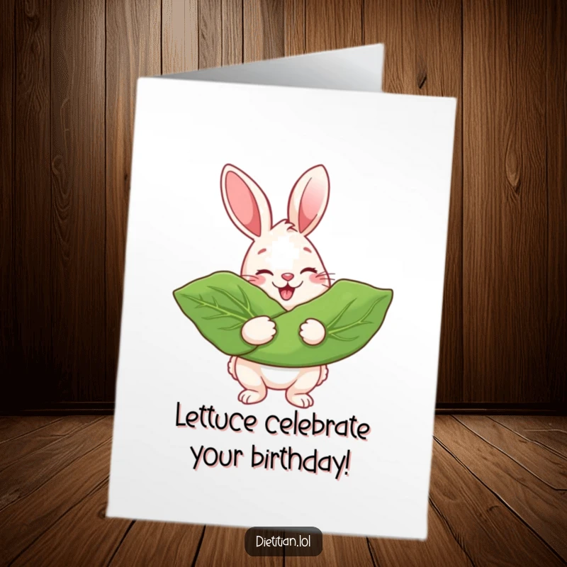 Funny Free Printable Birthday Card: A cheerful rabbit beaming while holding a giant leafy green vegetable, looking healthy and happy.