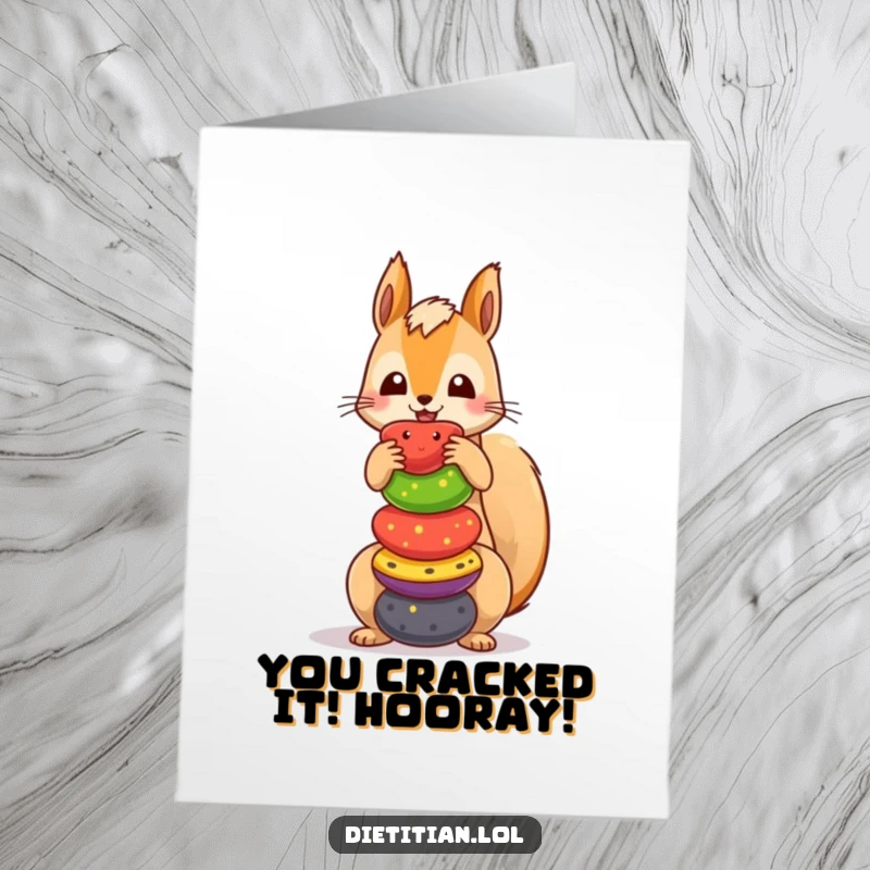 Funny Free Printable Congratulations Card: A cute squirrel precariously balancing a colorful fruit tower, cheering you on.