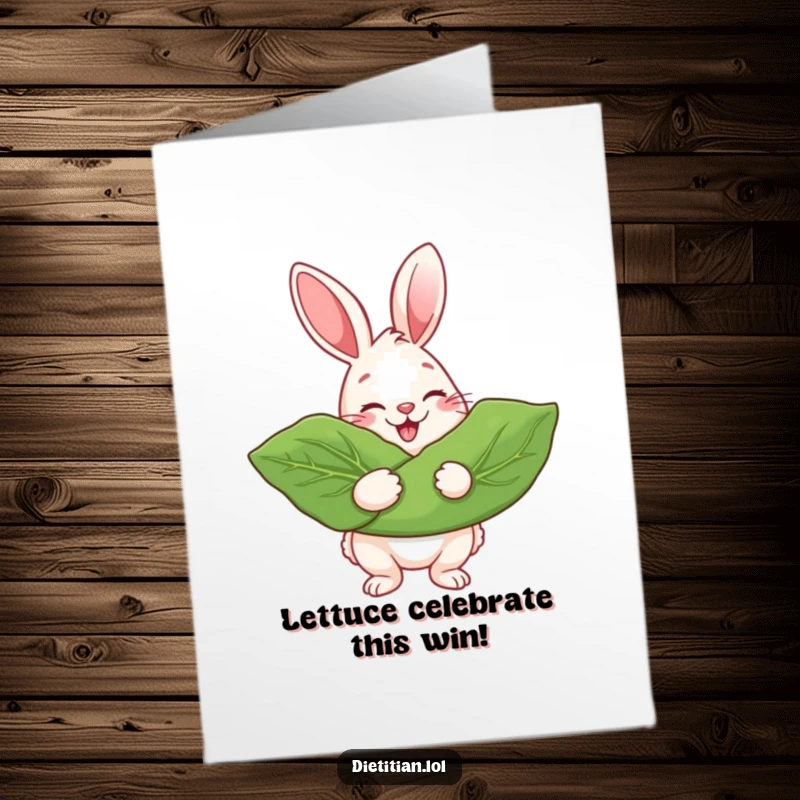 Funny Free Printable Congratulations Card: A cheerful rabbit proudly holding a massive leafy green, beaming with accomplishment.