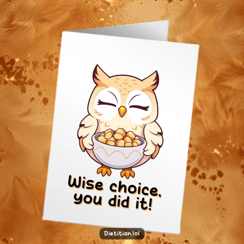 Funny Free Printable Congratulations Card: A winking owl kindly presenting a small bowl filled with shiny seeds.