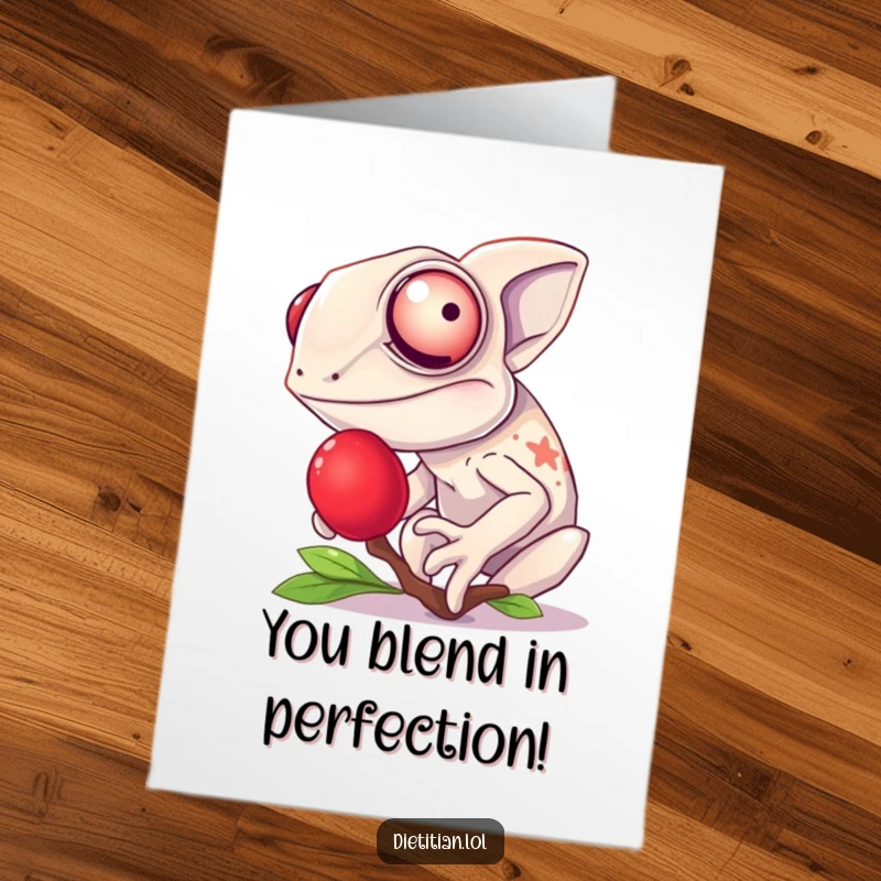 Funny Free Printable Congratulations Card: A giggling chameleon enjoying a delicious, bright red berry.
