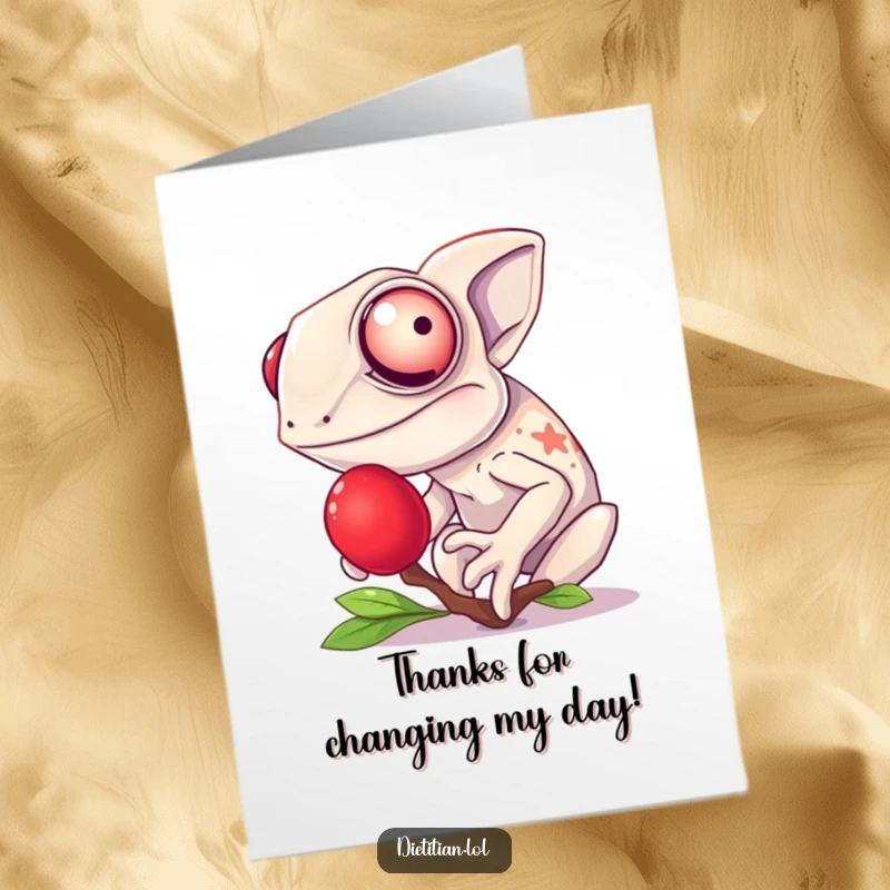 Funny Free Printable Thank You Card: A chameleon with a smile tasting a single, juicy red berry.