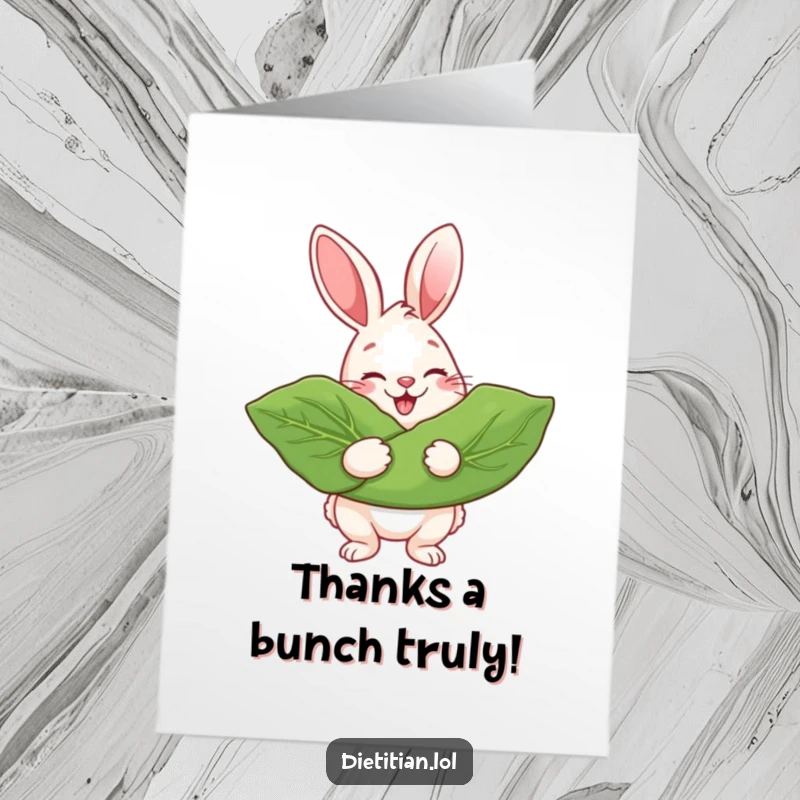 Funny Free Printable Thank You Card: A cheerful rabbit beaming while holding a giant leafy green, symbolising a bountiful thank you.