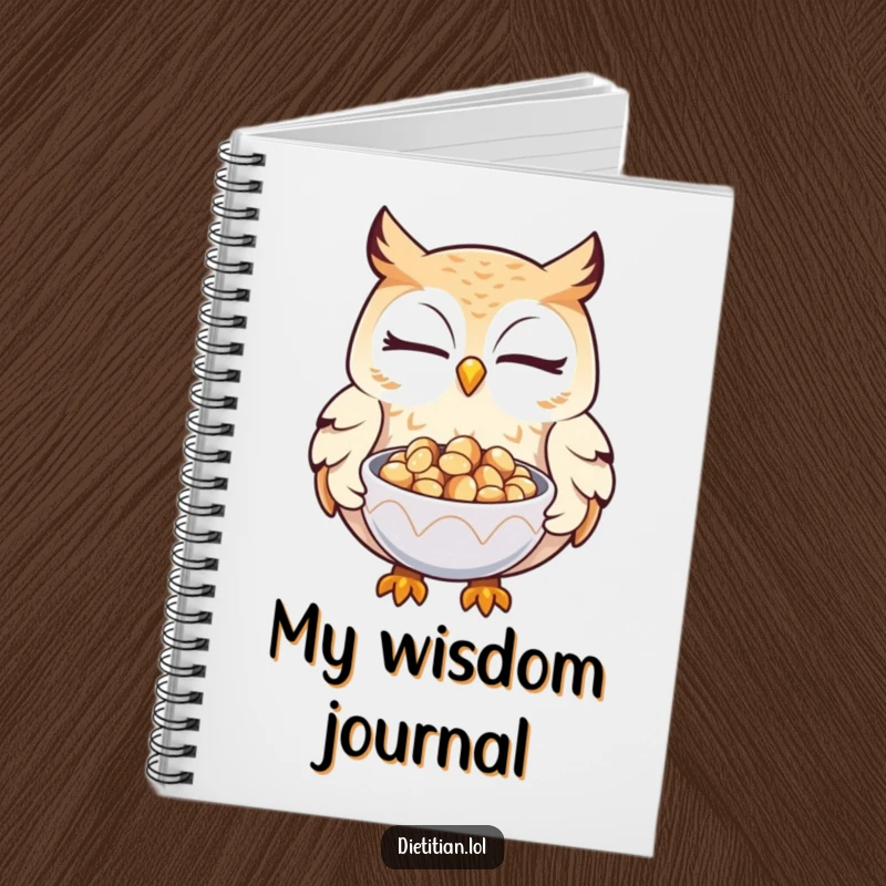 Funny owl notebook featuring a winking owl offering seeds, perfect for journaling and note-taking with wisdom.