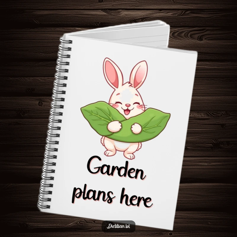Funny Notebook featuring a beaming rabbit holding a giant leafy green, perfect for jotting down healthy thoughts.