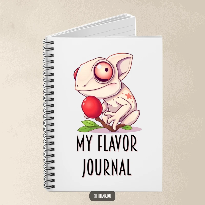 Funny chameleon notebook featuring a giggling chameleon tasting a bright red berry, perfect for journaling and note-taking.