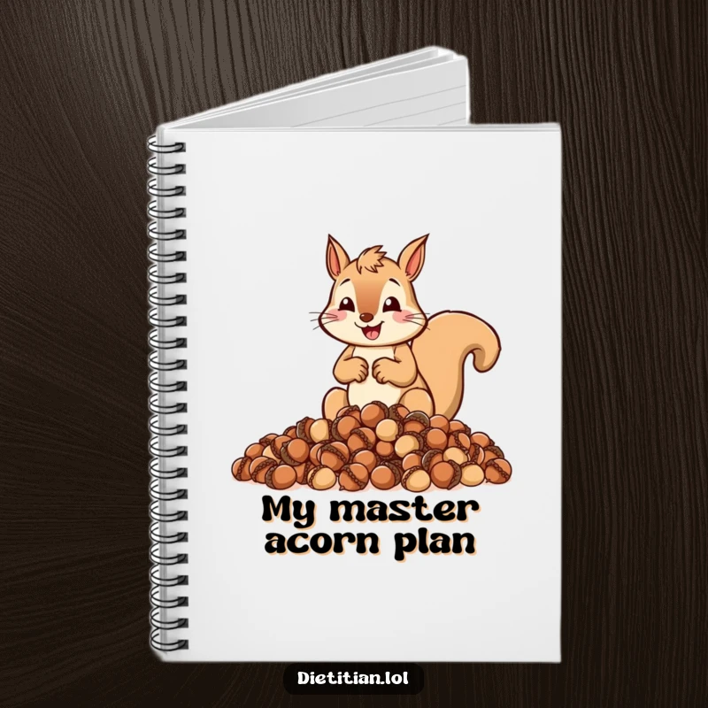 Funny notebook with a cheerful squirrel zealously measuring out a pile of acorns, for planning.
