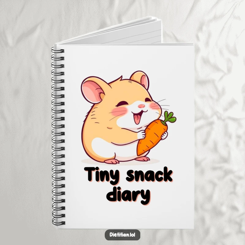 Funny hamster notebook featuring a happy hamster munching on a tiny carrot, perfect for journaling and note-taking.