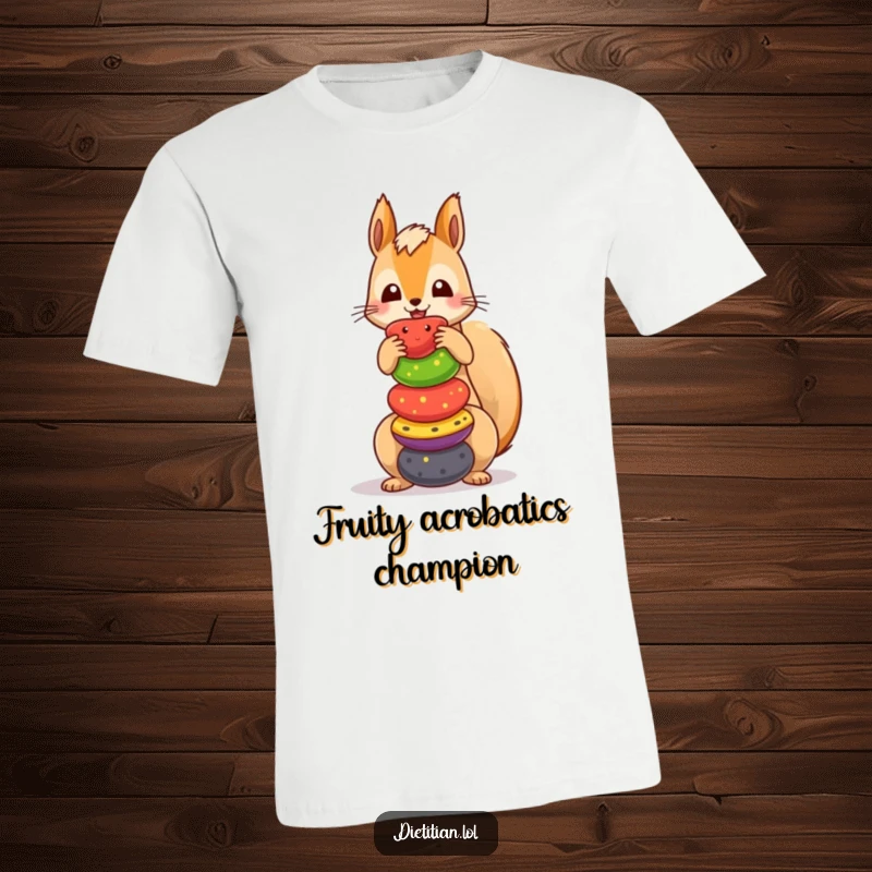 Funny squirrel t-shirt featuring a playful character expertly balancing a tower of vibrant fruits, a humorous fashion statement.