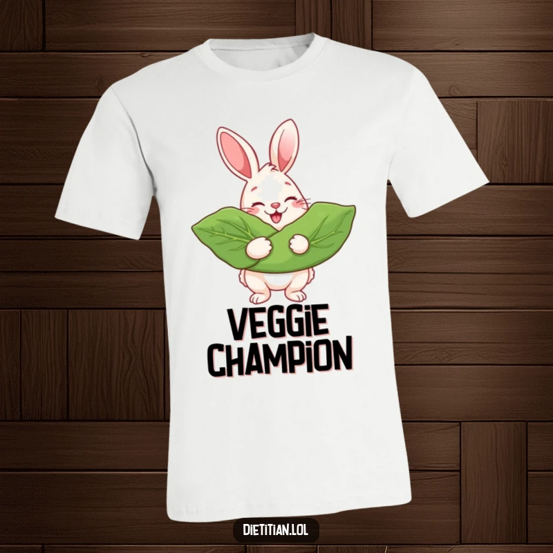 Funny T-Shirt showing a joyful rabbit gleefully holding and admiring a large, vibrant leafy green.