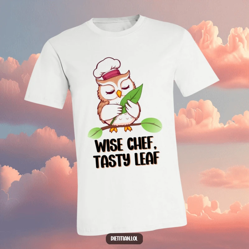 Funny t-shirt featuring a wise owl wearing a chef hat, examining a vibrant leaf, great funny gift.