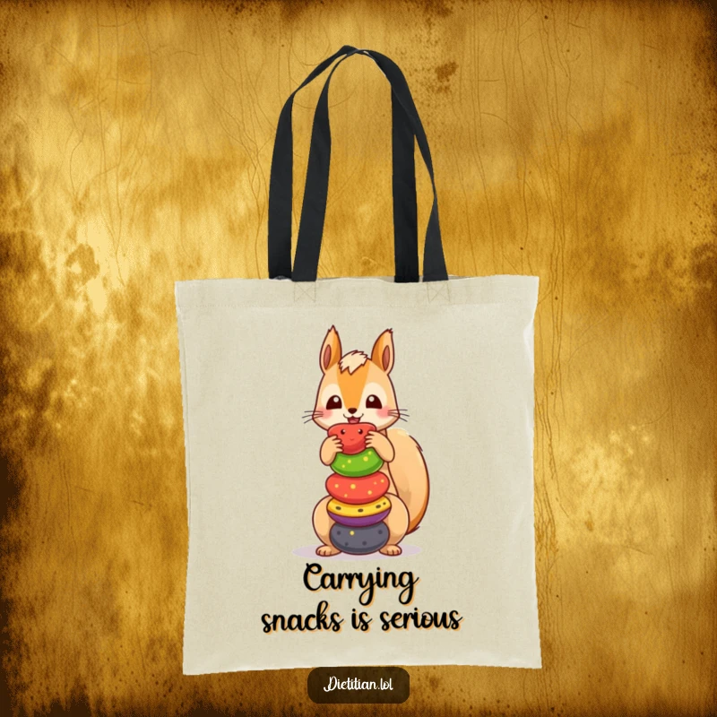 Funny squirrel tote bag with a playful design of a squirrel balancing numerous colorful fruits, a stylish and humorous accessory.