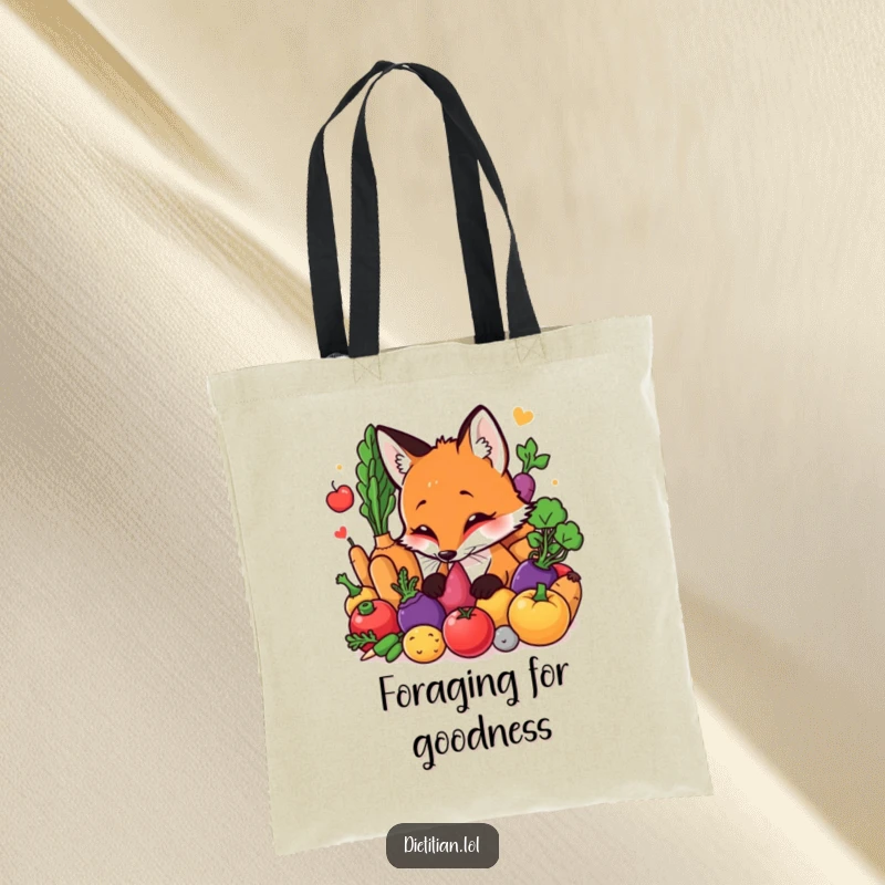 Funny Fox Tote Bag: A curious fox curiously sniffing an array of colorful fresh vegetables, making grocery runs hilariously enjoyable. A great funny gift.