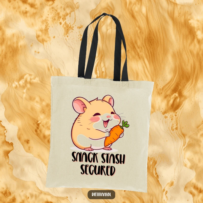 Funny hamster tote bag with a happy design of a hamster nibbling a tiny carrot, perfect for cheerful errands.