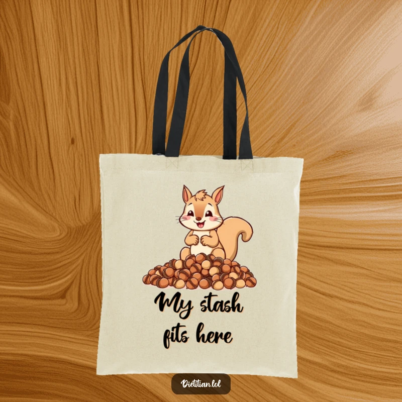 Funny tote bag depicting a cheerful squirrel zealously measuring out a pile of acorns, practical funny gift.